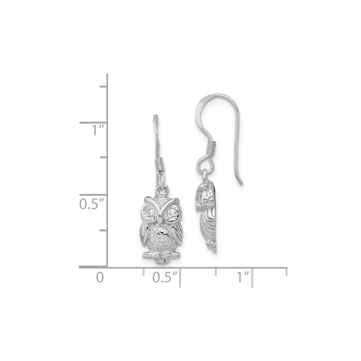 Sterling Silver Owl Dangle Earrings with Cubic Zirconia Eyes and Textured Feathers