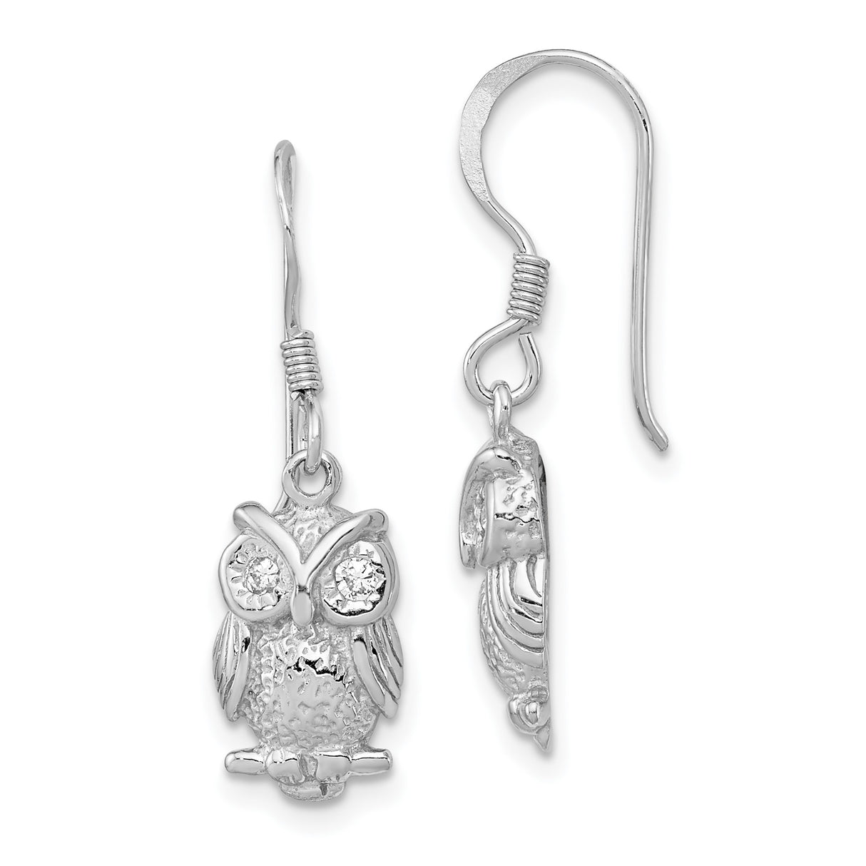 Sterling Silver Owl Dangle Earrings with Cubic Zirconia Eyes and Textured Feathers