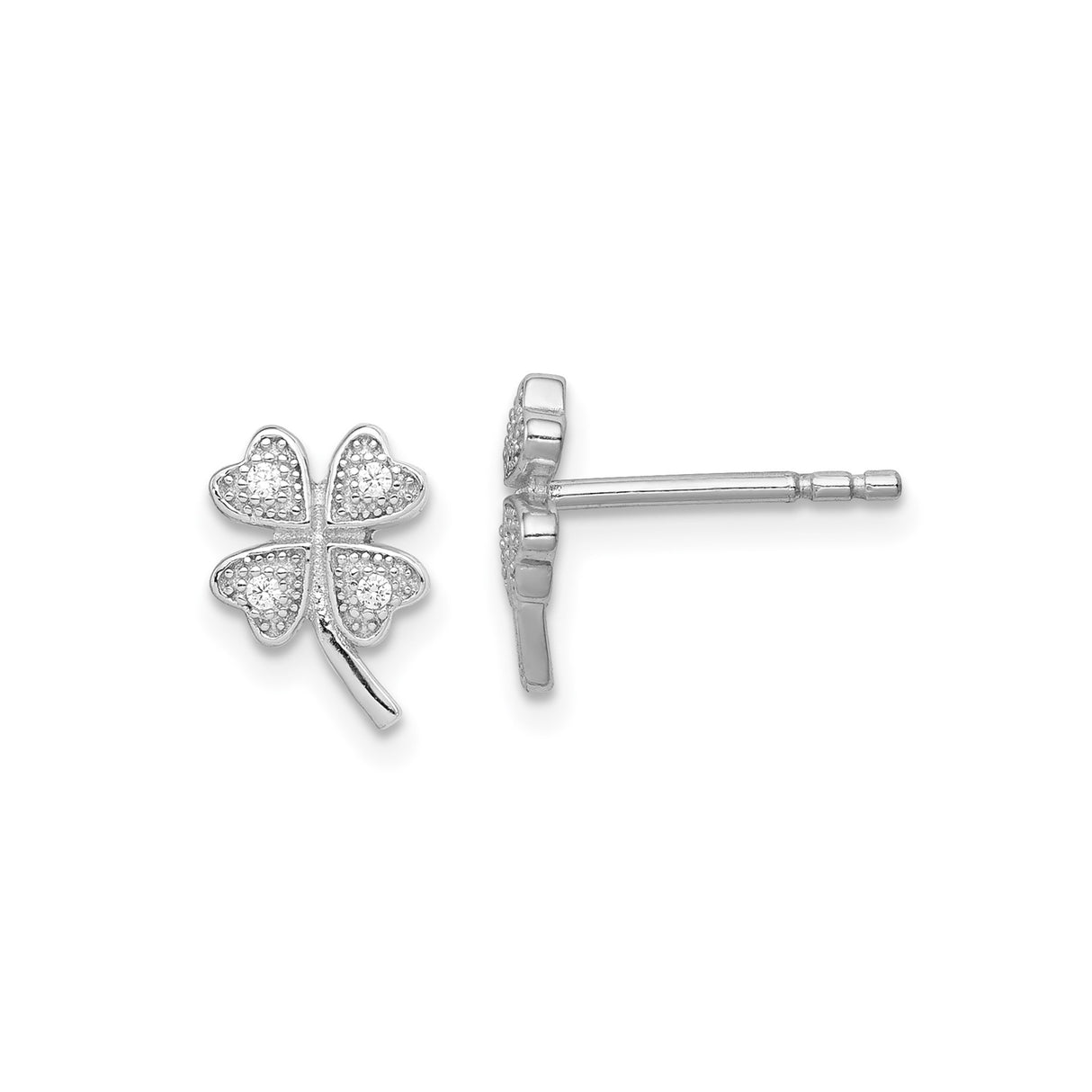 Sterling Silver Four-Leaf Clover Stud Earrings with Pavé Cubic Zirconia Accents