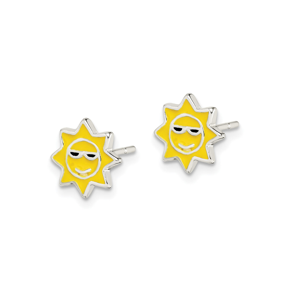 Sterling Silver Sun Stud Earrings with Yellow Enamel Smiling Face and Sunglasses Motif