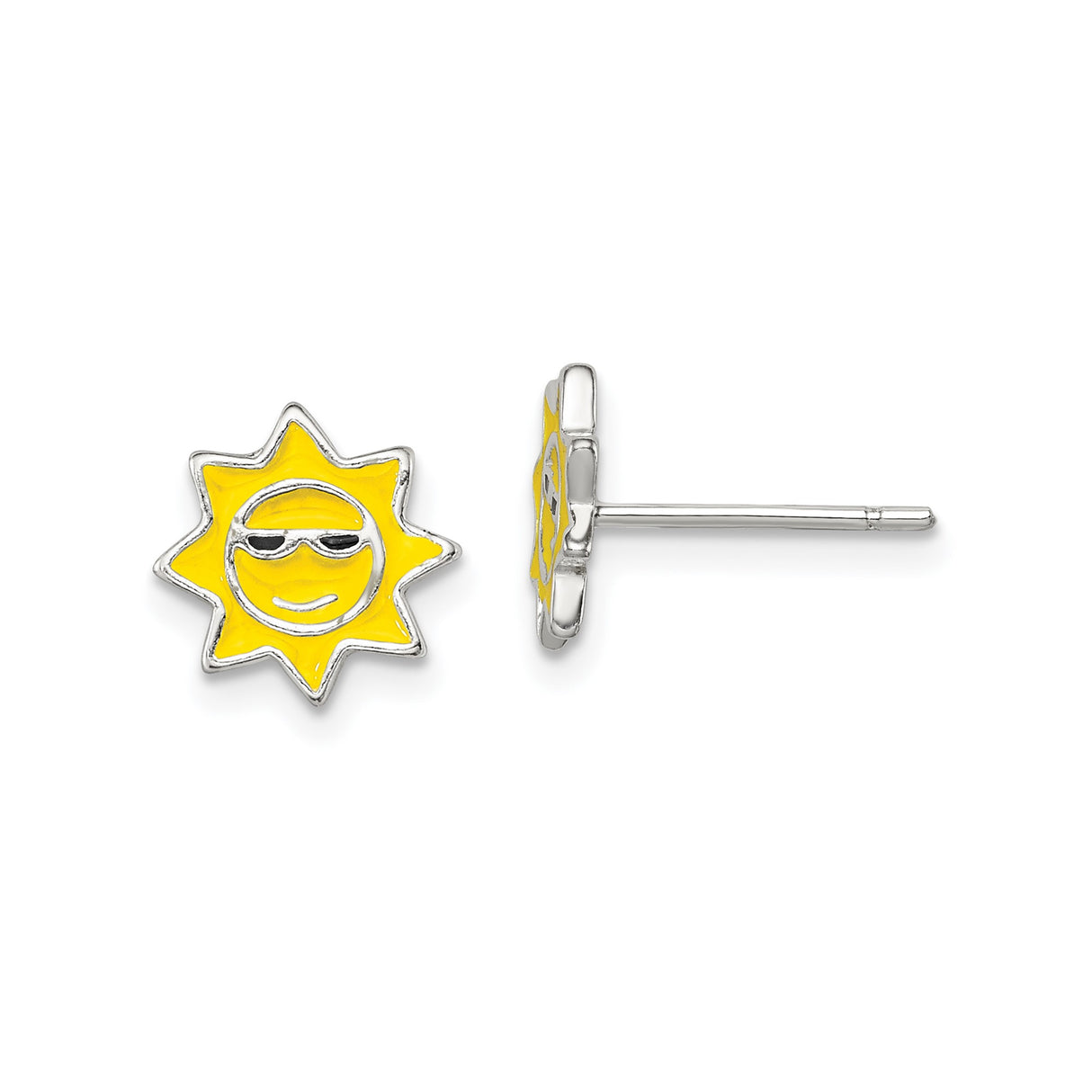 Sterling Silver Sun Stud Earrings with Yellow Enamel Smiling Face and Sunglasses Motif