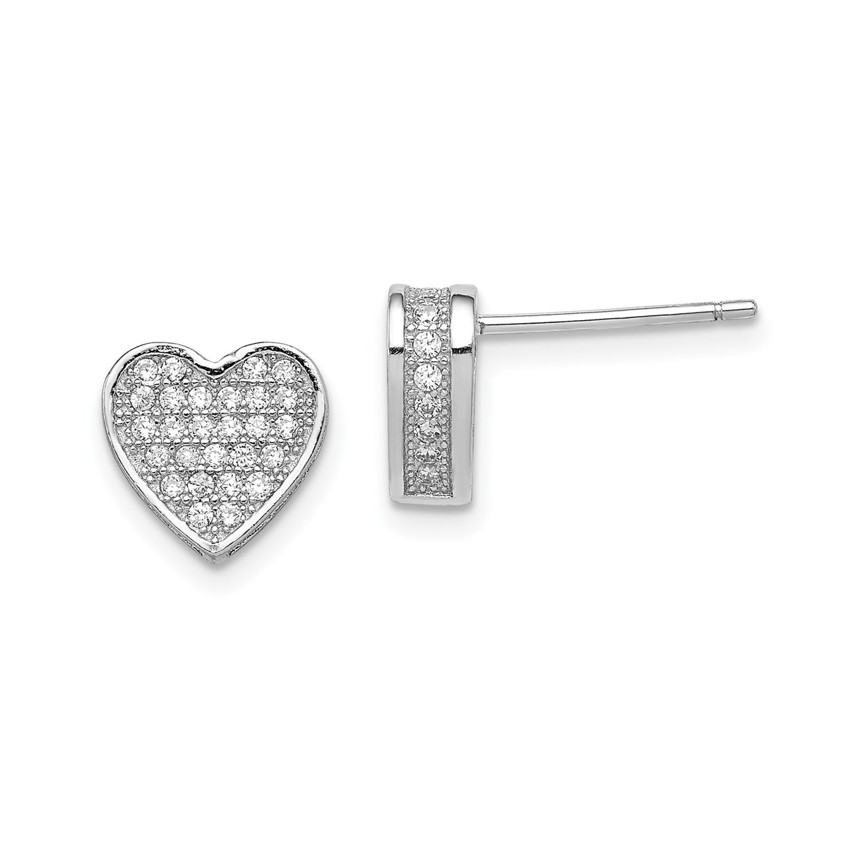 Sterling Silver Heart Shaped Stud Earrings with Clear Cubic Zirconia Pavé Setting