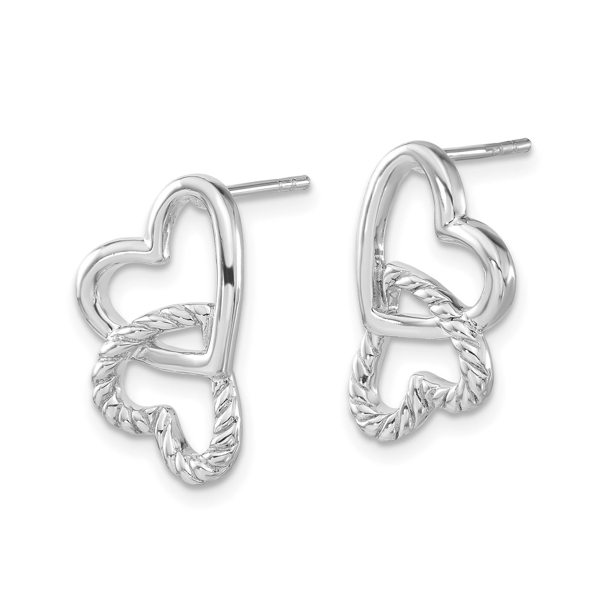 Sterling Silver Heart Shaped Stud Earrings with Interlocking Double Hearts and Twisted Texture