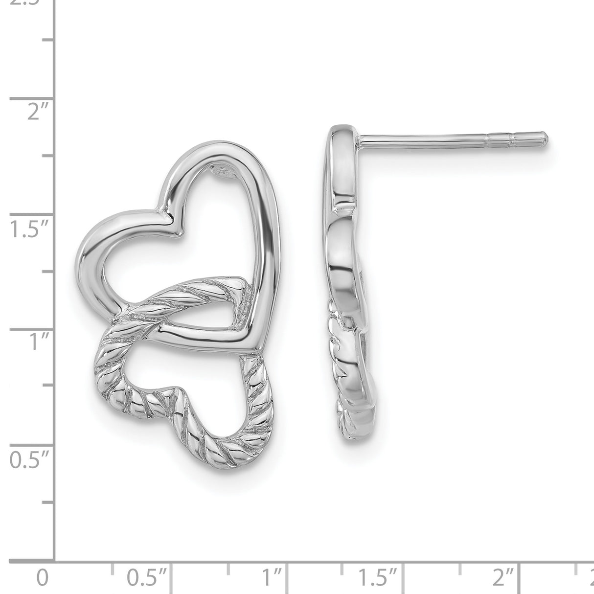 Sterling Silver Heart Shaped Stud Earrings with Interlocking Double Hearts and Twisted Texture