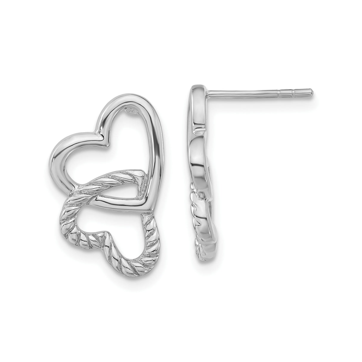 Sterling Silver Heart Shaped Stud Earrings with Interlocking Double Hearts and Twisted Texture