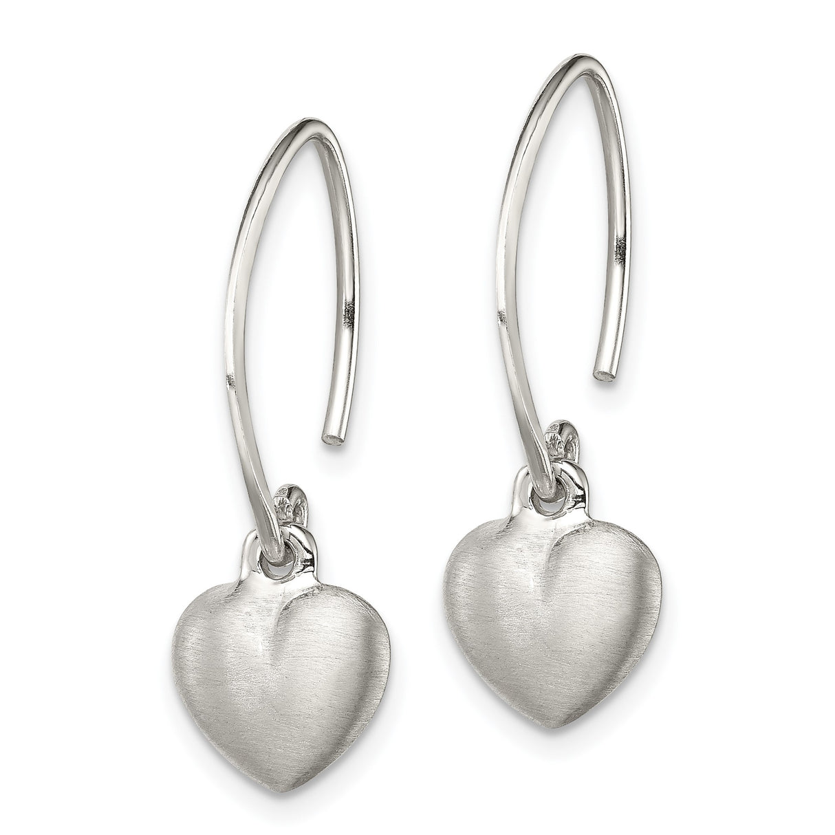 Sterling Silver Drop Earrings with Brushed Heart Charm Design for Women