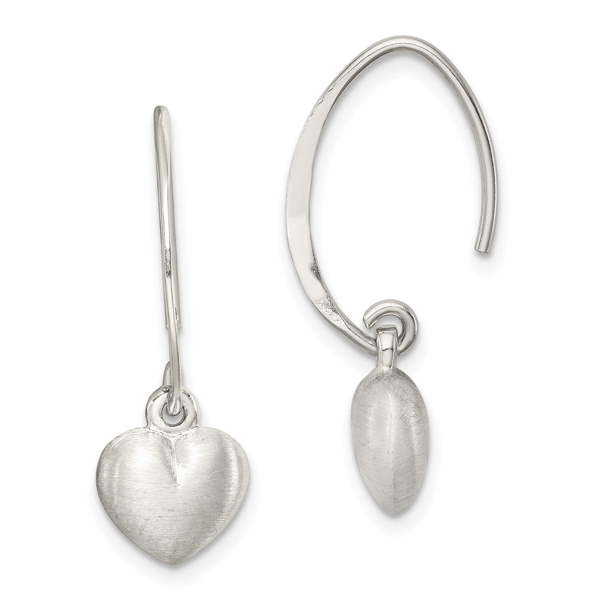 Sterling Silver Drop Earrings with Brushed Heart Charm Design for Women