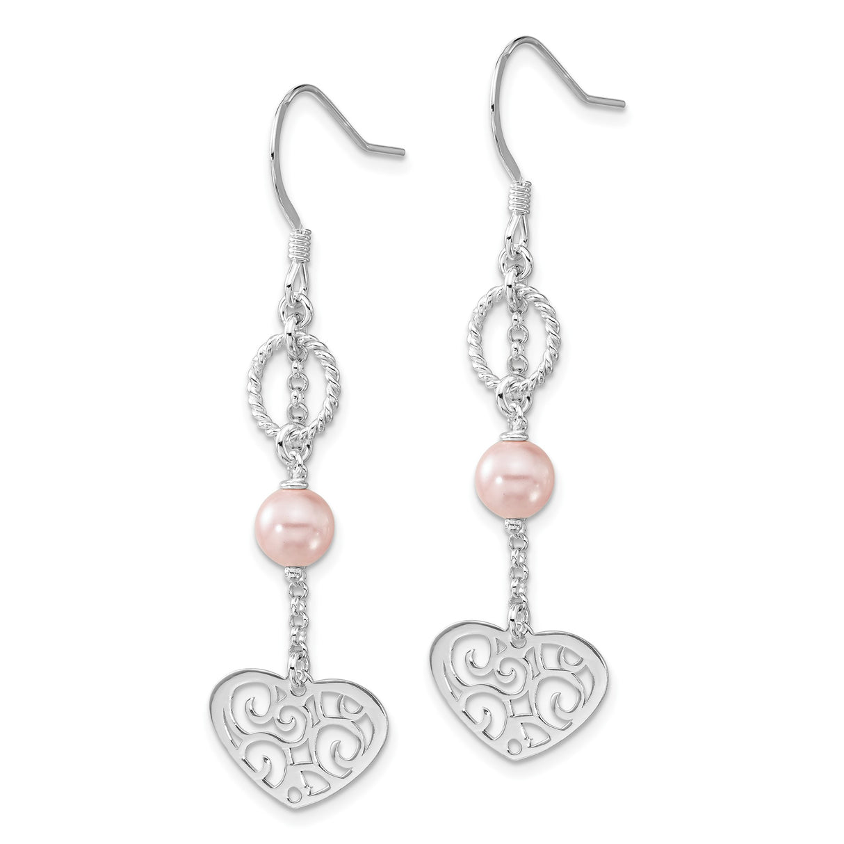 Sterling Silver Dangle Earrings with Pink Faux Pearls, Textured Rings and Filigree Heart Charm