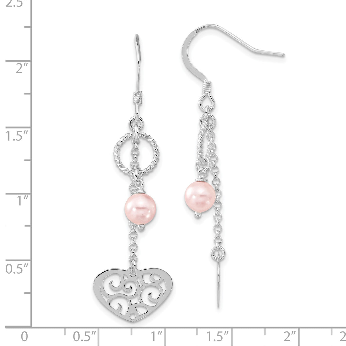Sterling Silver Dangle Earrings with Pink Faux Pearls, Textured Rings and Filigree Heart Charm