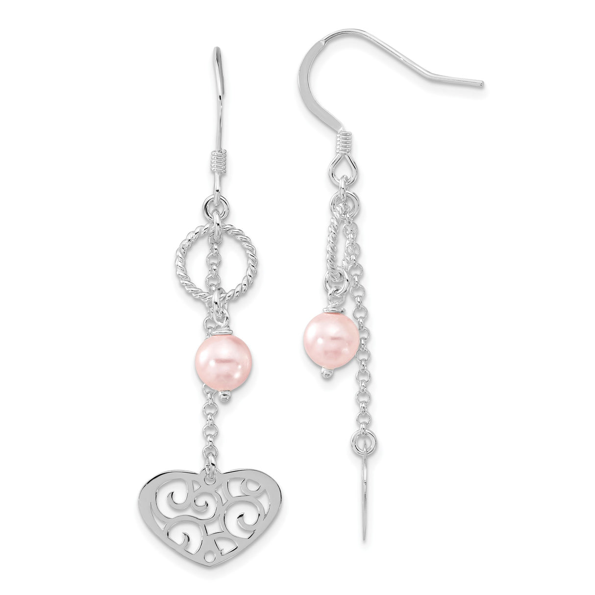 Sterling Silver Dangle Earrings with Pink Faux Pearls, Textured Rings and Filigree Heart Charm