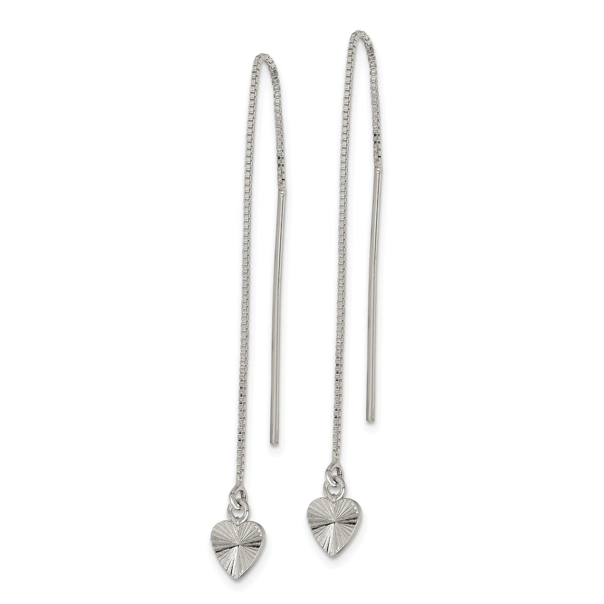Sterling Silver Threader Earrings with Sunburst Heart Charm, Minimalist Pull-Through Design