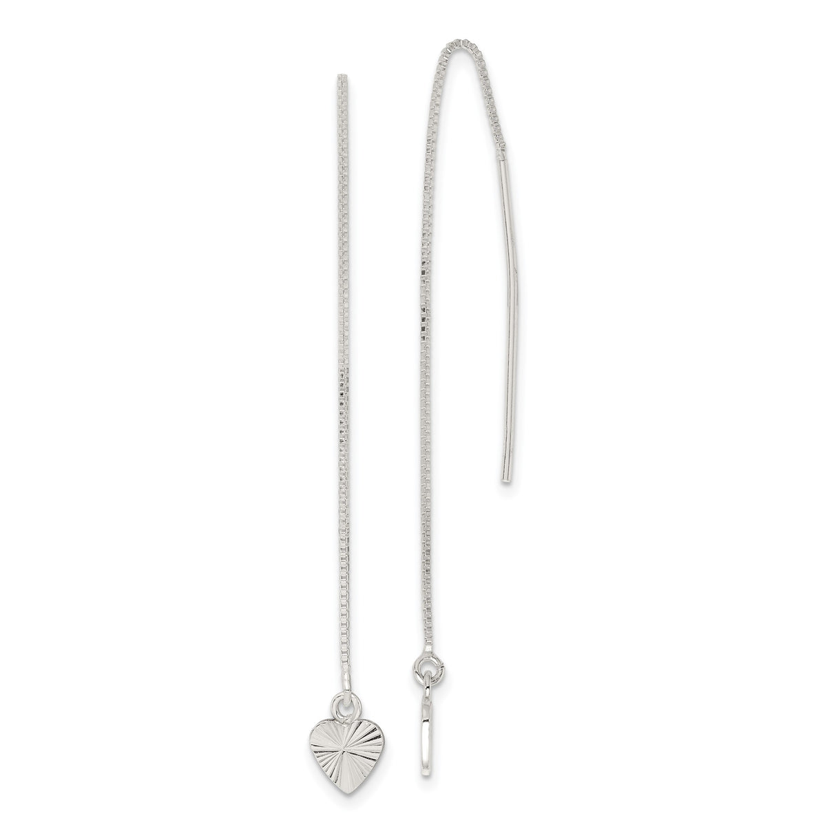 Sterling Silver Threader Earrings with Sunburst Heart Charm, Minimalist Pull-Through Design