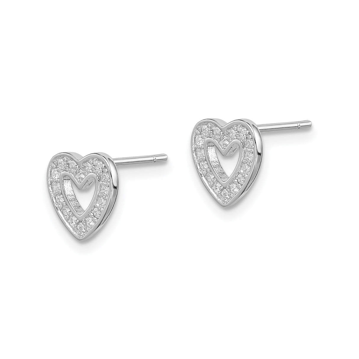 Sterling Silver Heart Shaped Stud Earrings with Cubic Zirconia Border, Minimalist Design