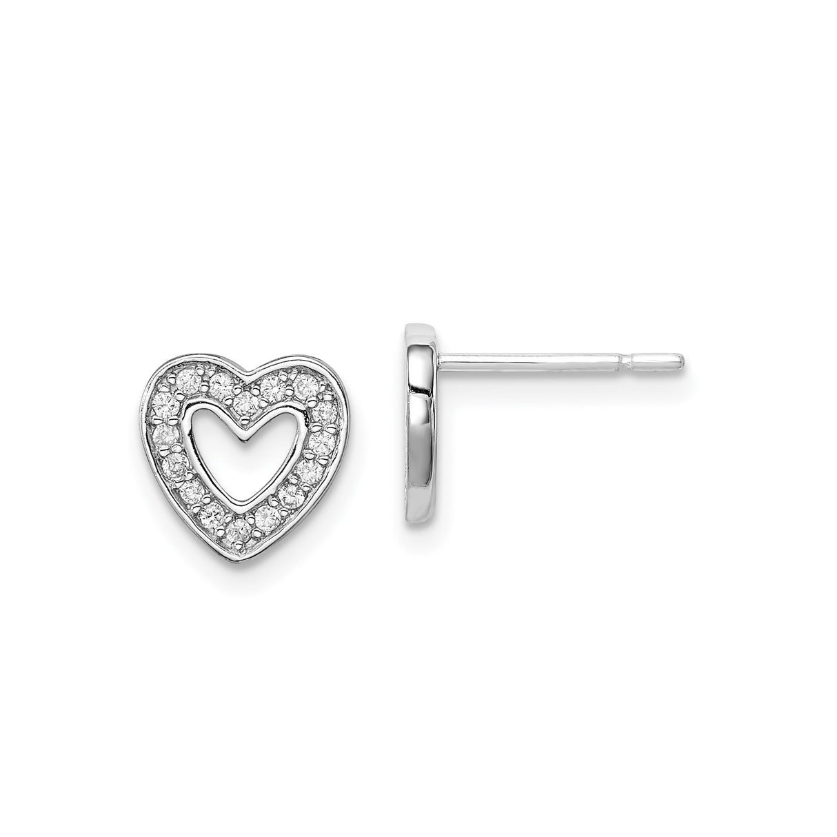 Sterling Silver Heart Shaped Stud Earrings with Cubic Zirconia Border, Minimalist Design