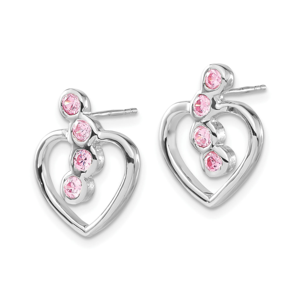Sterling Silver Heart Stud Earrings with Pink Cubic Zirconia, Open Heart Design for Women