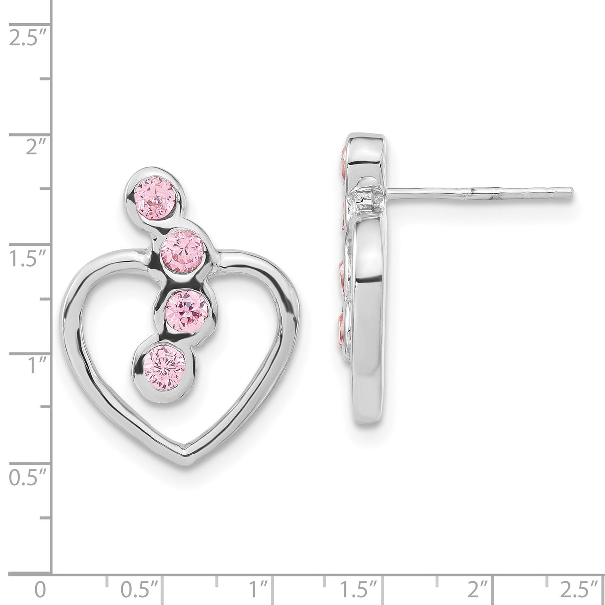 Sterling Silver Heart Stud Earrings with Pink Cubic Zirconia, Open Heart Design for Women
