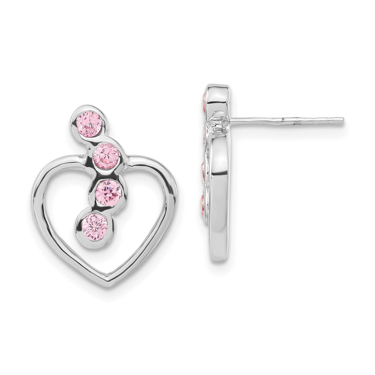 Sterling Silver Heart Stud Earrings with Pink Cubic Zirconia, Open Heart Design for Women