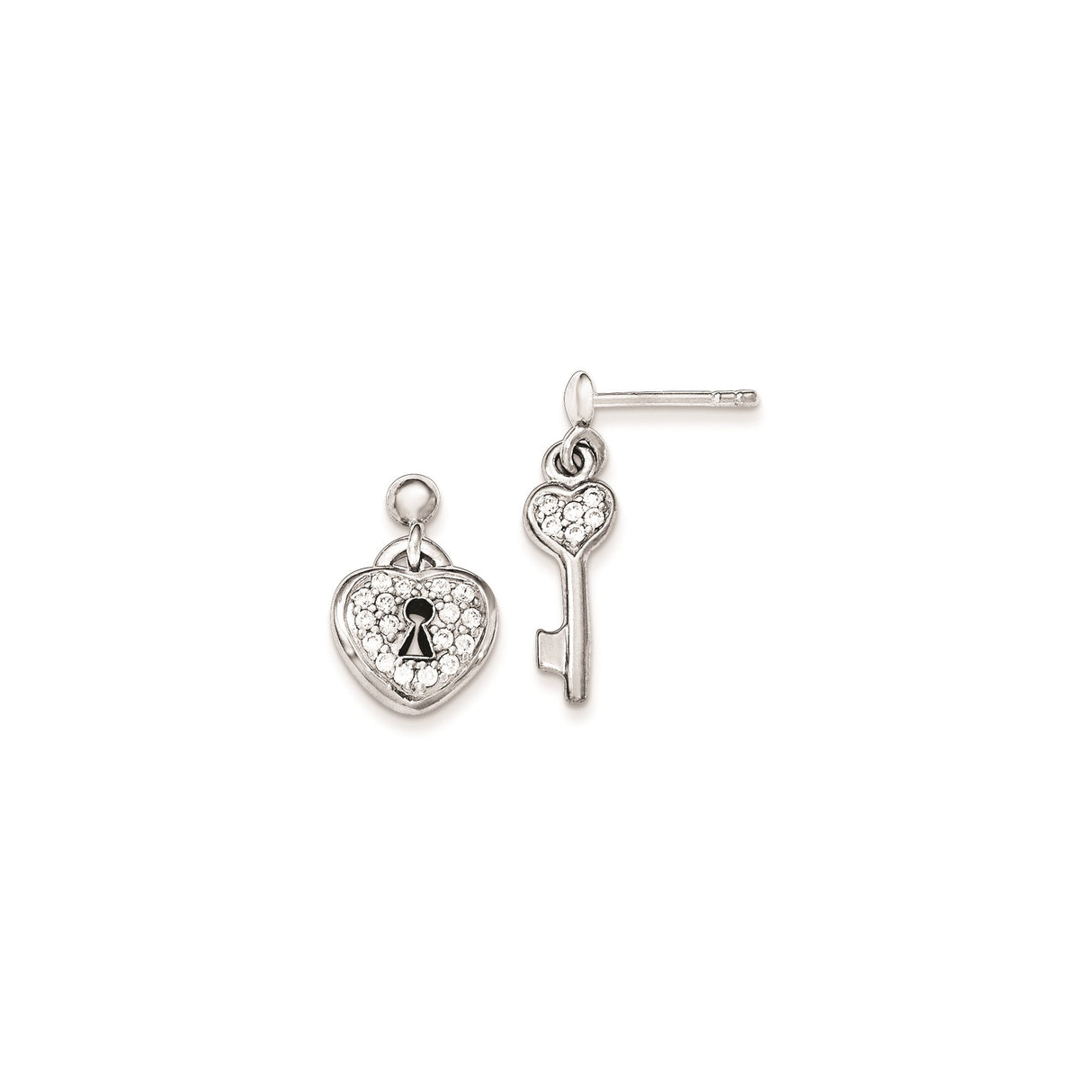 Sterling Silver Mismatched Stud Earrings with Cubic Zirconia, Heart Lock and Key Design
