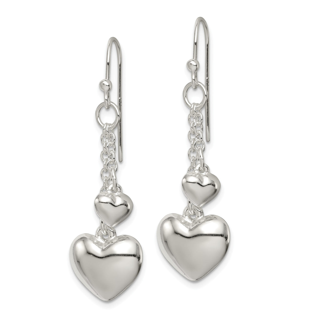 Sterling Silver Dangle Earrings with Polished Triple Heart Charms on Delicate Chains