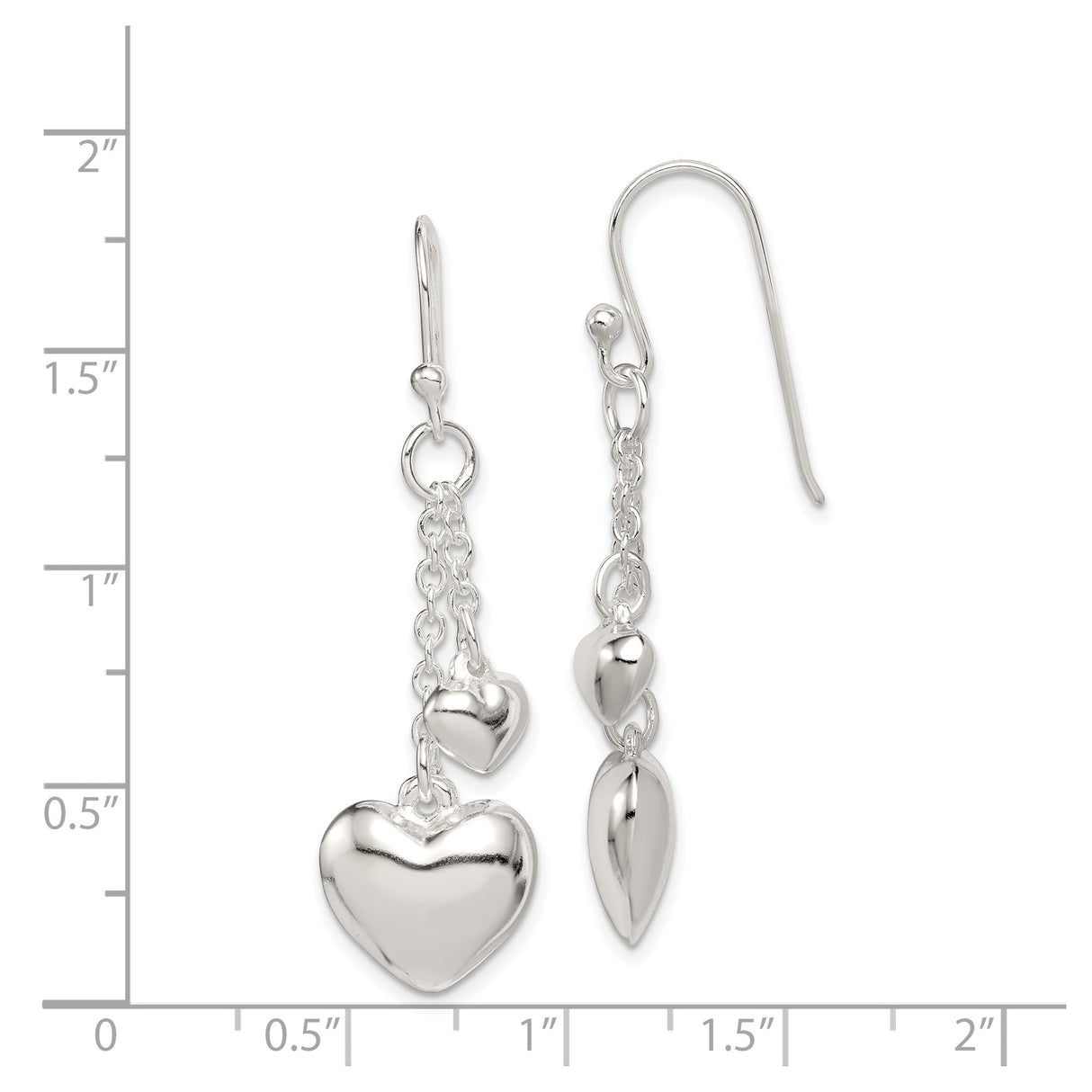 Sterling Silver Dangle Earrings with Polished Triple Heart Charms on Delicate Chains