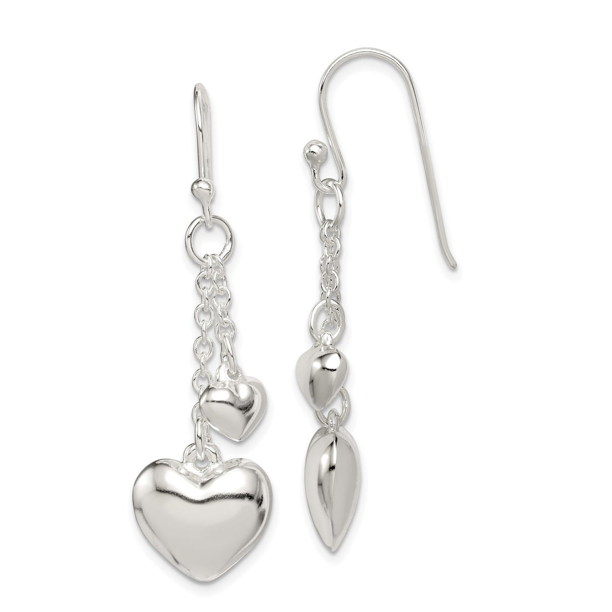 Sterling Silver Dangle Earrings with Polished Triple Heart Charms on Delicate Chains