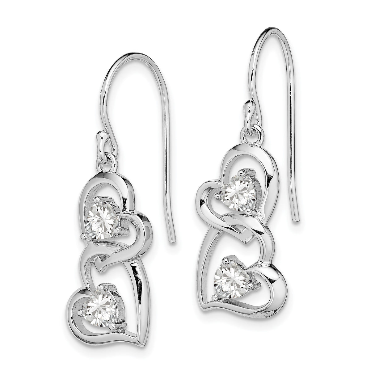 Sterling Silver Dangle Earrings with Cubic Zirconia, Interlocking Open Heart Design
