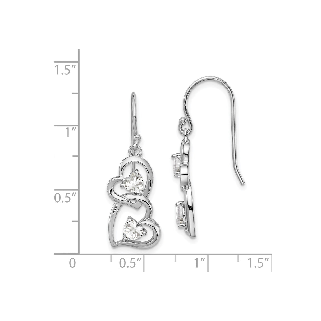 Sterling Silver Dangle Earrings with Cubic Zirconia, Interlocking Open Heart Design