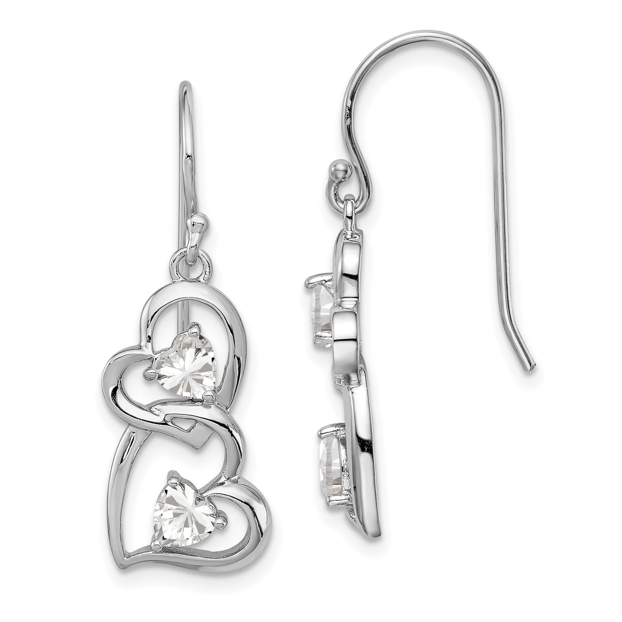 Sterling Silver Dangle Earrings with Cubic Zirconia, Interlocking Open Heart Design