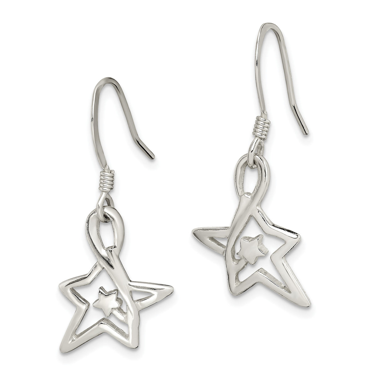 Sterling Silver Star Dangle Earrings with Open Star and Small Star Design