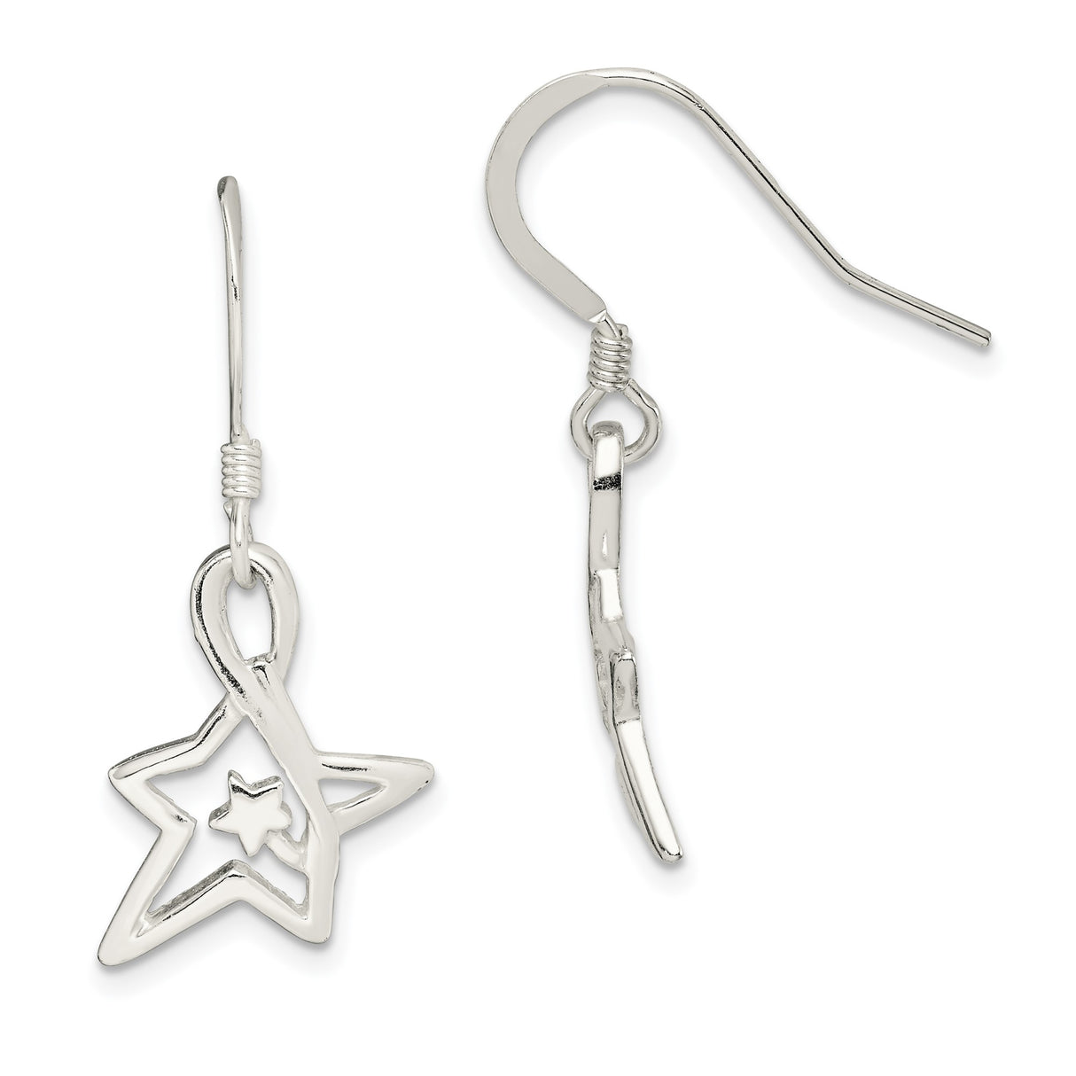 Sterling Silver Star Dangle Earrings with Open Star and Small Star Design