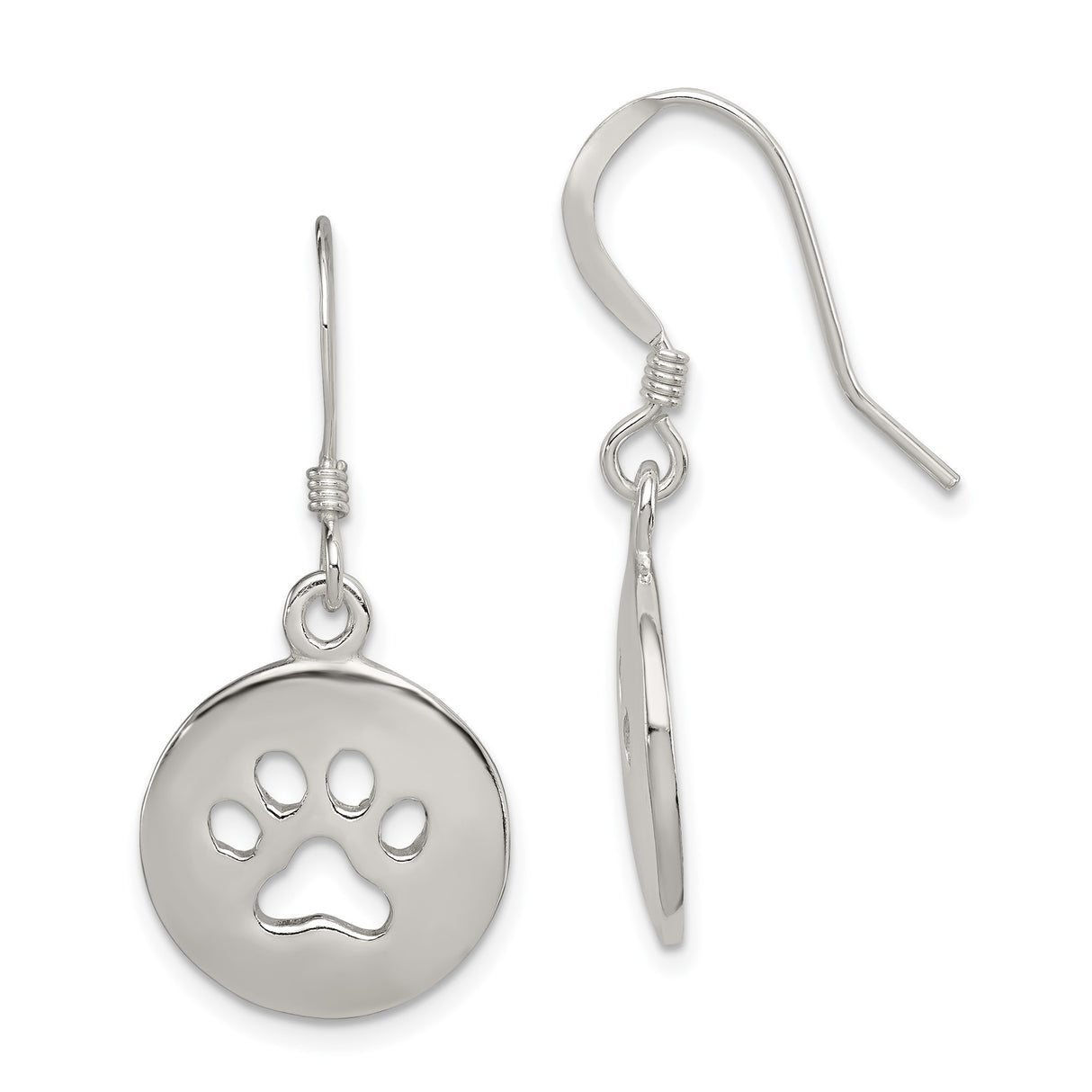 Sterling Silver Dangle Earrings with Round Charm and Paw Print Cutout Design for Women