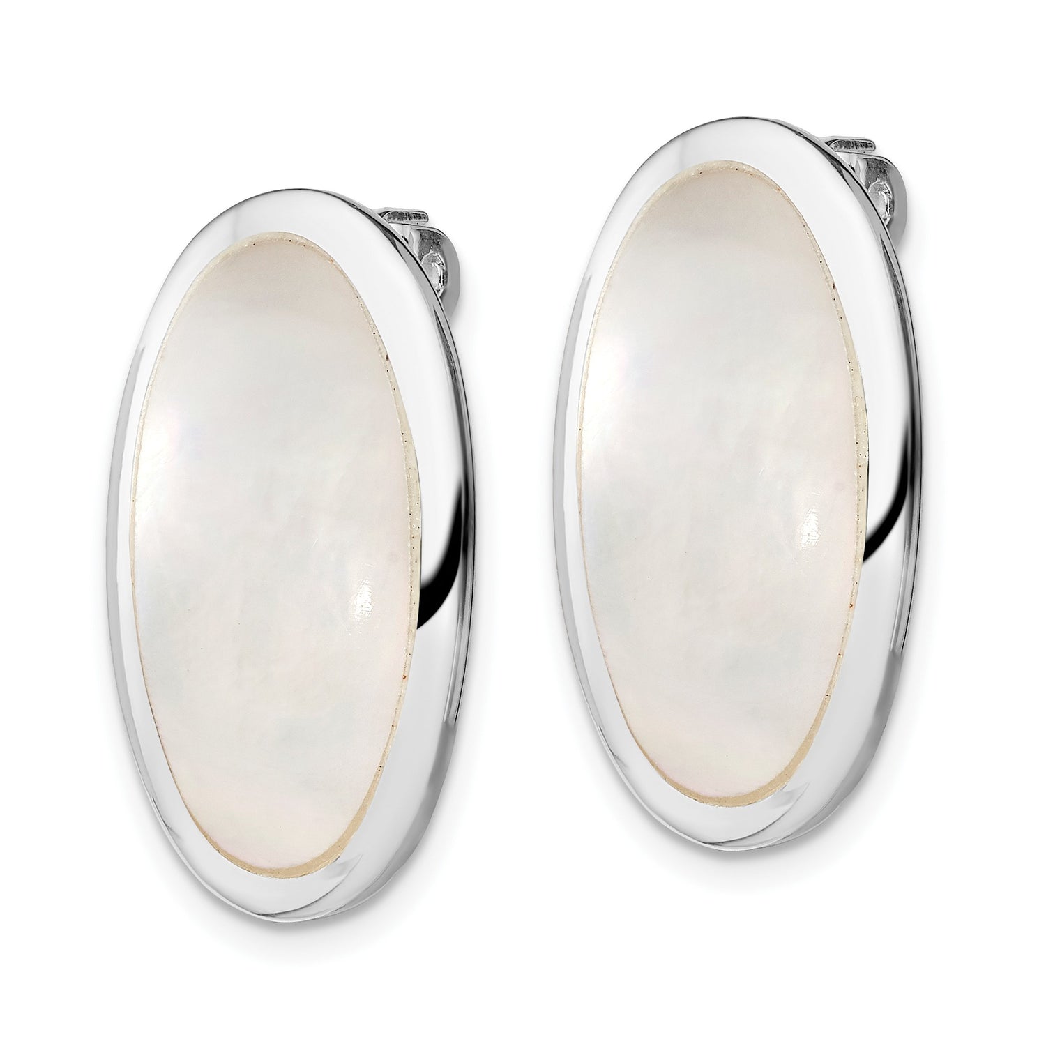 Sterling Silver Clip-On Oval Earrings with White Mother-of-Pearl Inlays