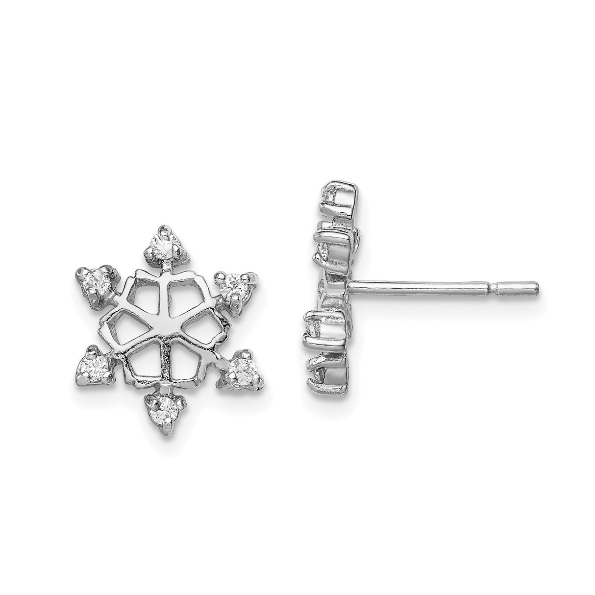 Sterling Silver Snowflake Stud Earrings with Cubic Zirconia Accents, Openwork Winter Design