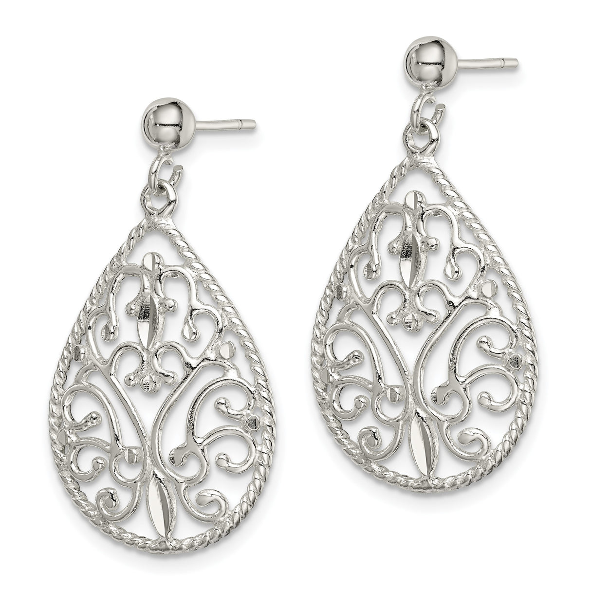 Sterling Silver Teardrop Filigree Earrings with Scrollwork and Rope Edge Design
