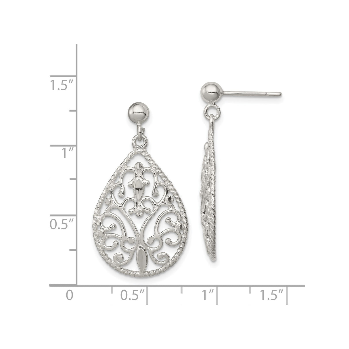 Sterling Silver Teardrop Filigree Earrings with Scrollwork and Rope Edge Design