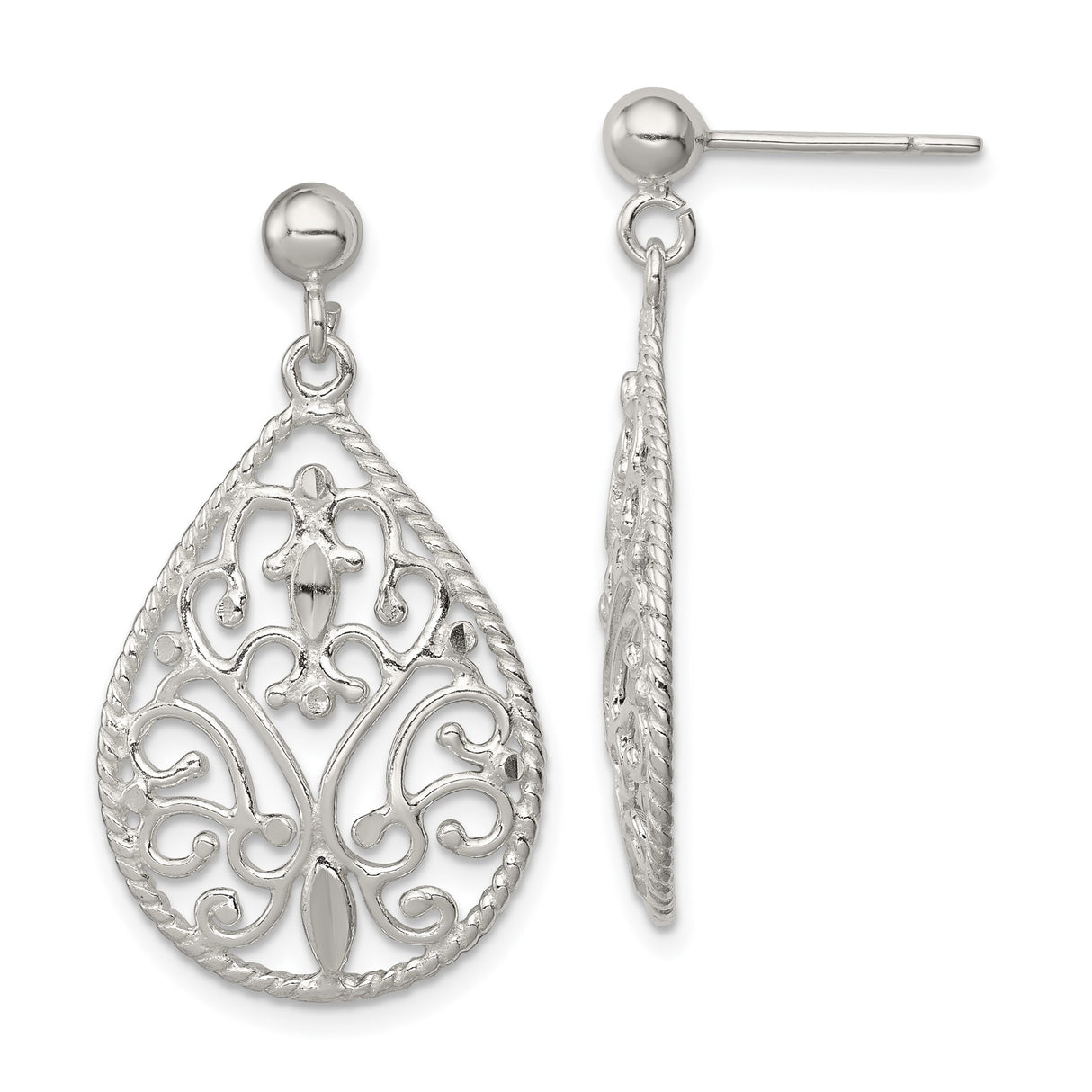 Sterling Silver Teardrop Filigree Earrings with Scrollwork and Rope Edge Design