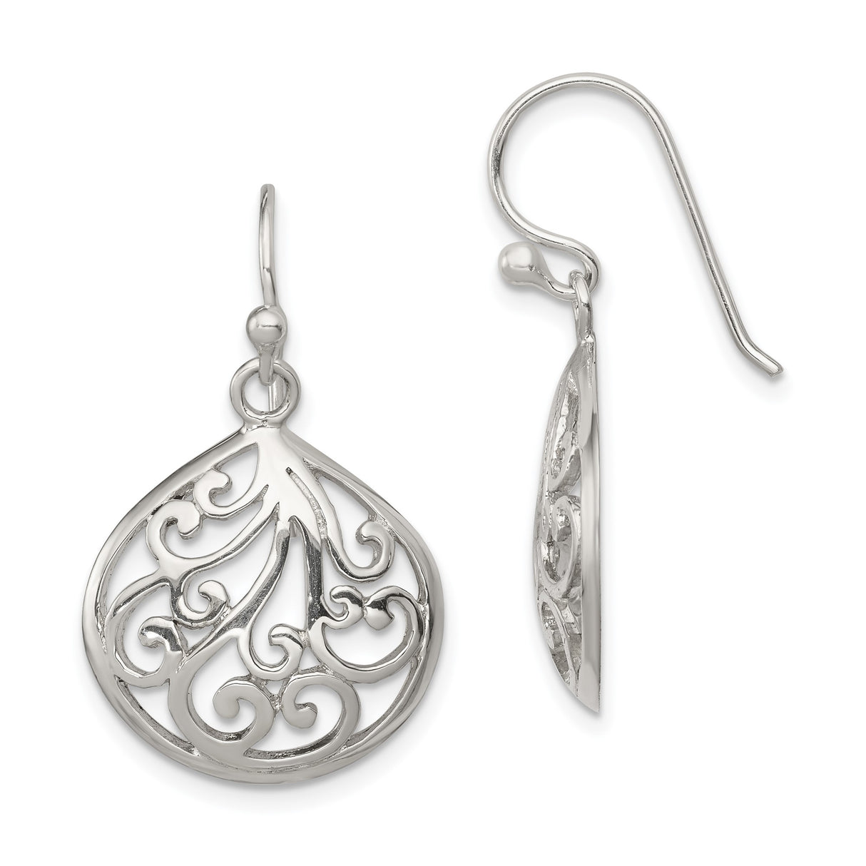 Sterling Silver Dangle Earrings with Filigree Scrollwork Teardrop Design for Women