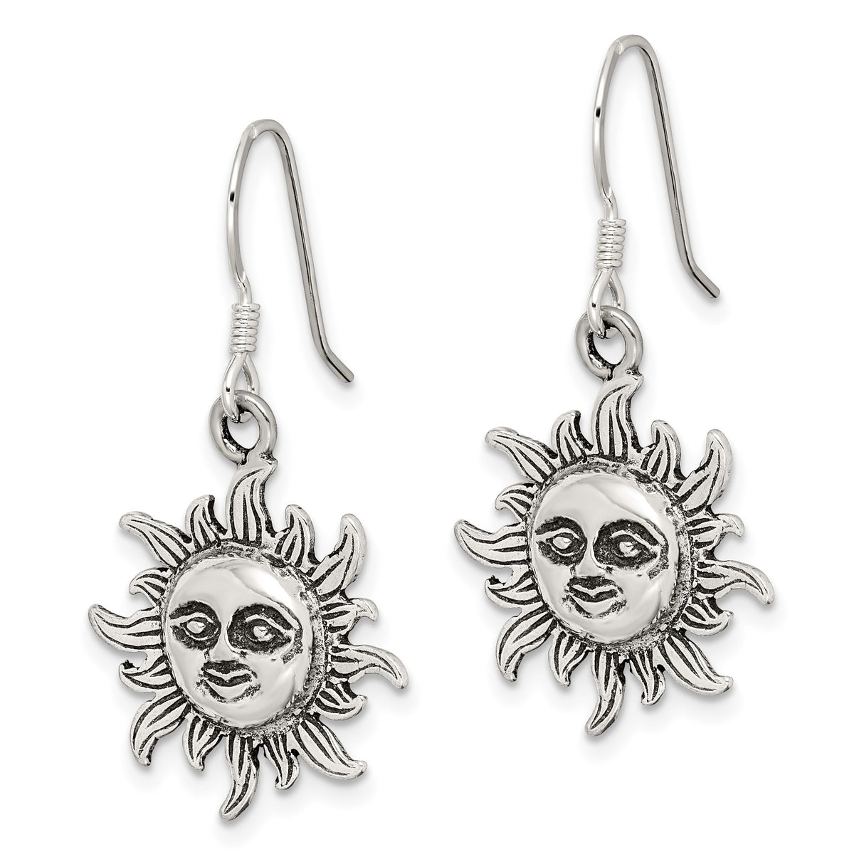 Sterling Silver Drop Earrings with Artistic Sun Face Design, Boho Celestial Style for Women