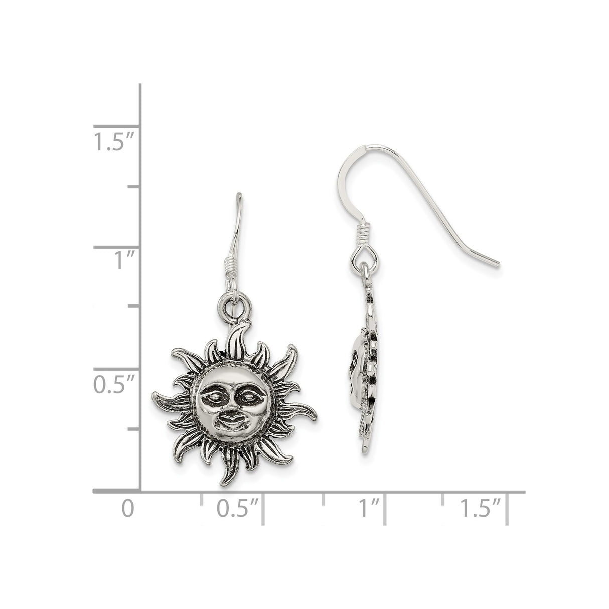 Sterling Silver Drop Earrings with Artistic Sun Face Design, Boho Celestial Style for Women