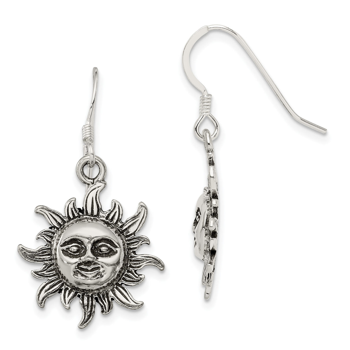 Sterling Silver Drop Earrings with Artistic Sun Face Design, Boho Celestial Style for Women