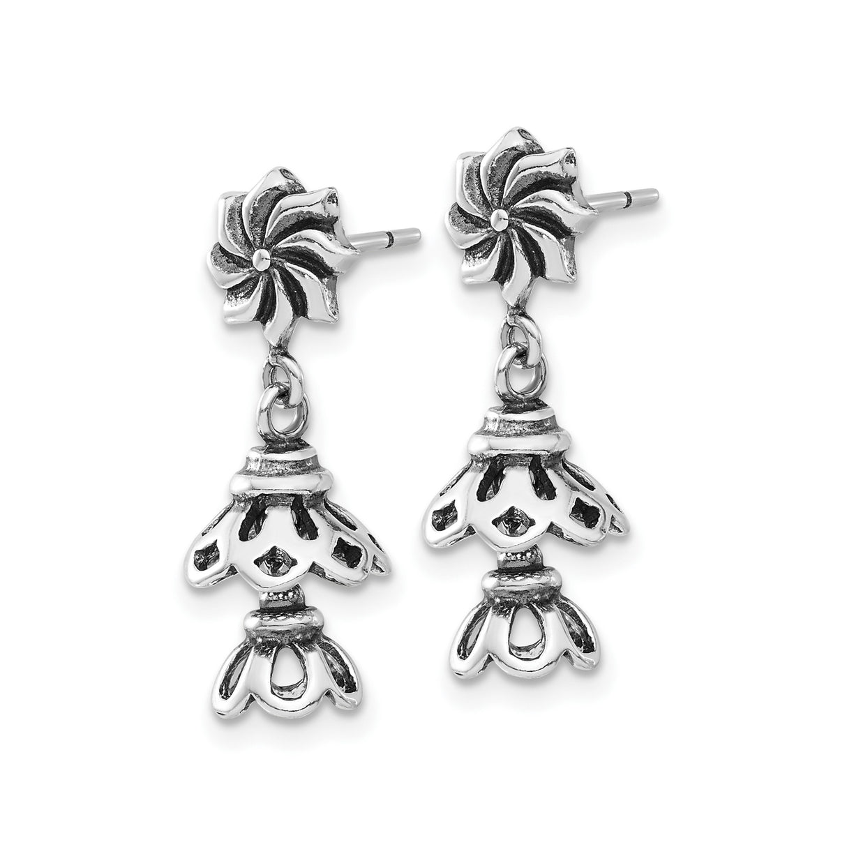 Sterling Silver Dangle Earrings with Bell Shape and Layered Floral Openwork Design
