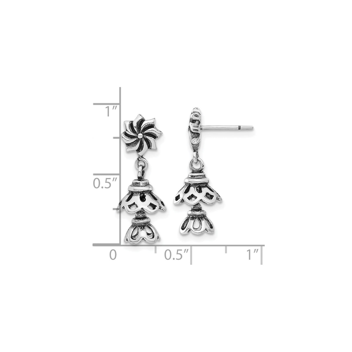 Sterling Silver Dangle Earrings with Bell Shape and Layered Floral Openwork Design