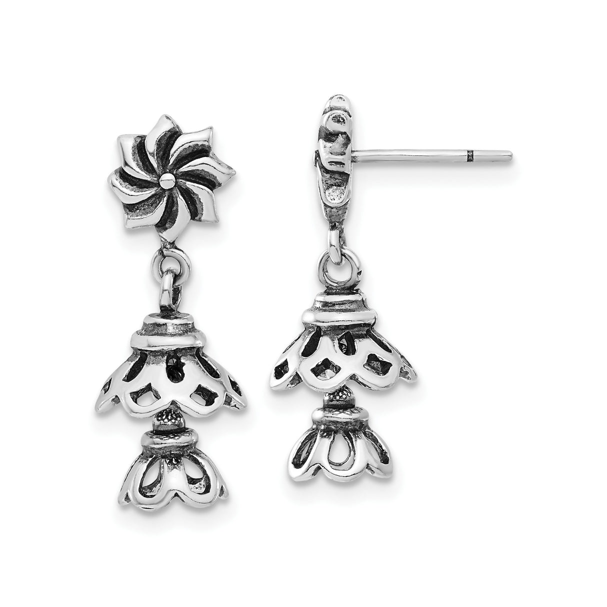 Sterling Silver Dangle Earrings with Bell Shape and Layered Floral Openwork Design