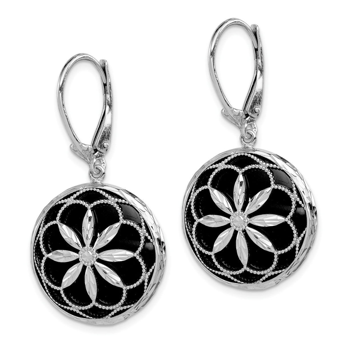Sterling Silver Drop Earrings with Onyx, Floral Petal Motif and Beaded Filigree Design