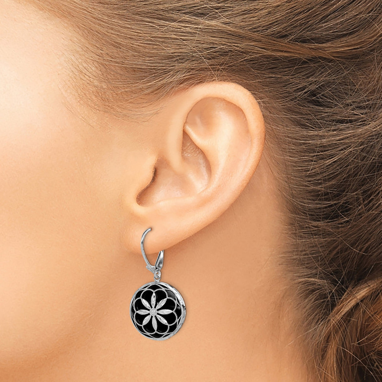 Sterling Silver Drop Earrings with Onyx, Floral Petal Motif and Beaded Filigree Design