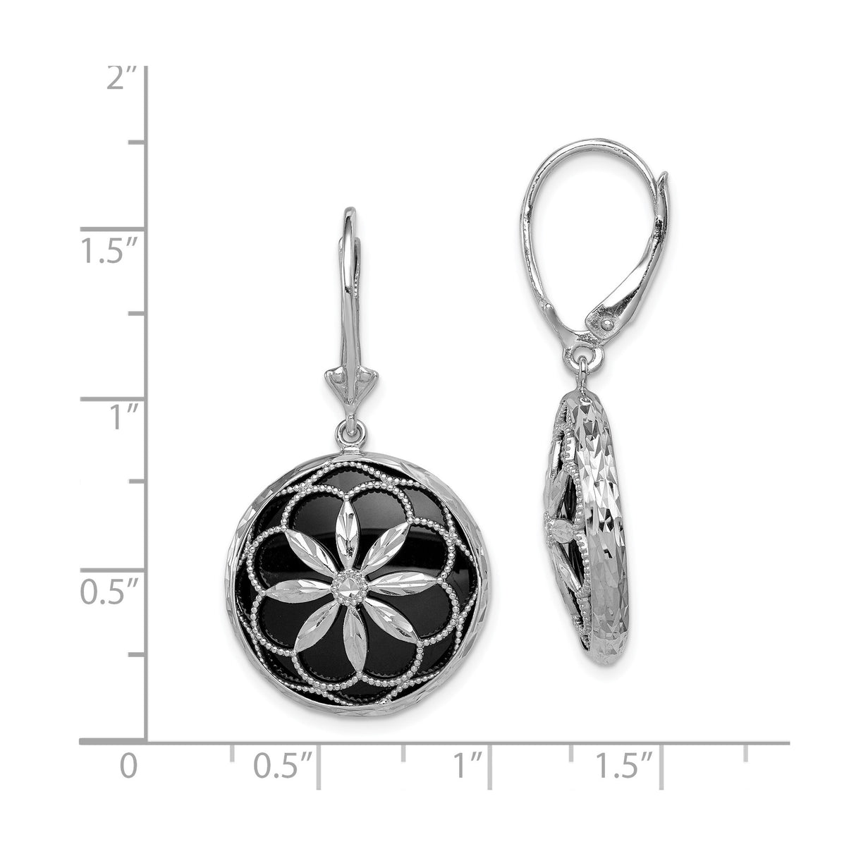 Sterling Silver Drop Earrings with Onyx, Floral Petal Motif and Beaded Filigree Design