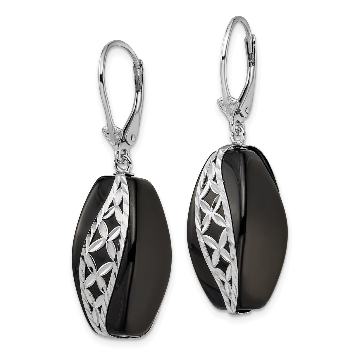 Sterling Silver Dangle Earrings with Black Onyx, Floral Geometric Design for Women