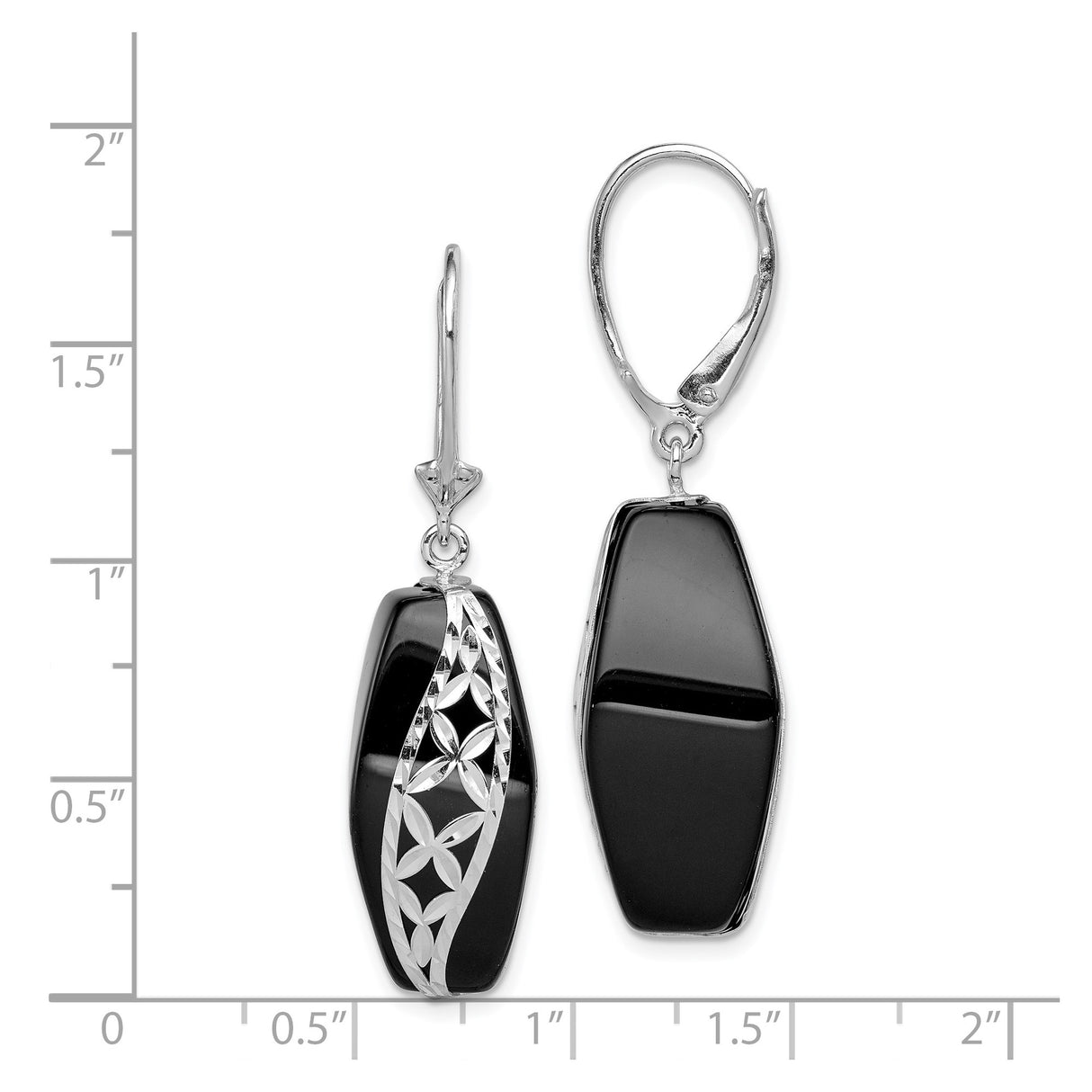 Sterling Silver Dangle Earrings with Black Onyx, Floral Geometric Design for Women