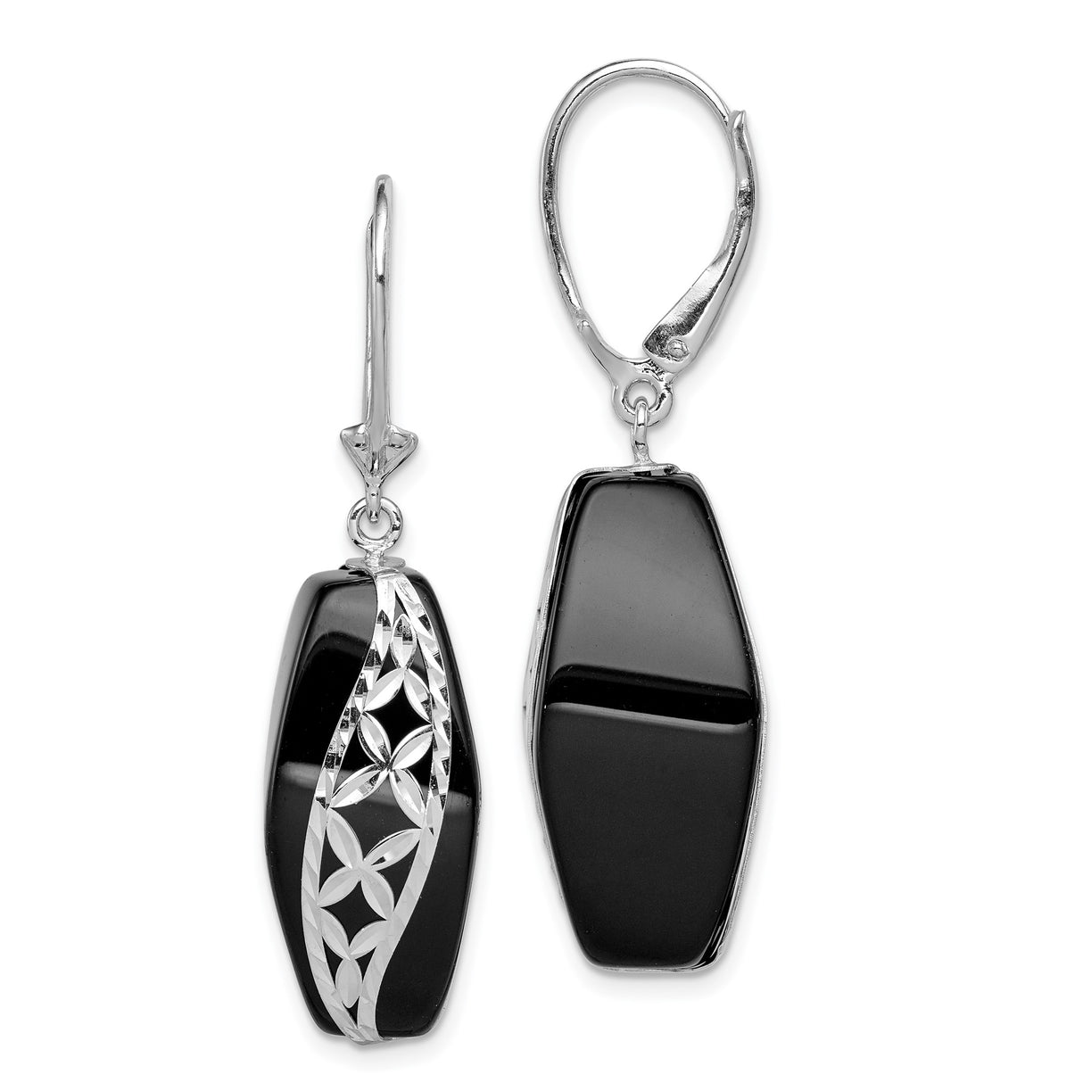 Sterling Silver Dangle Earrings with Black Onyx, Floral Geometric Design for Women