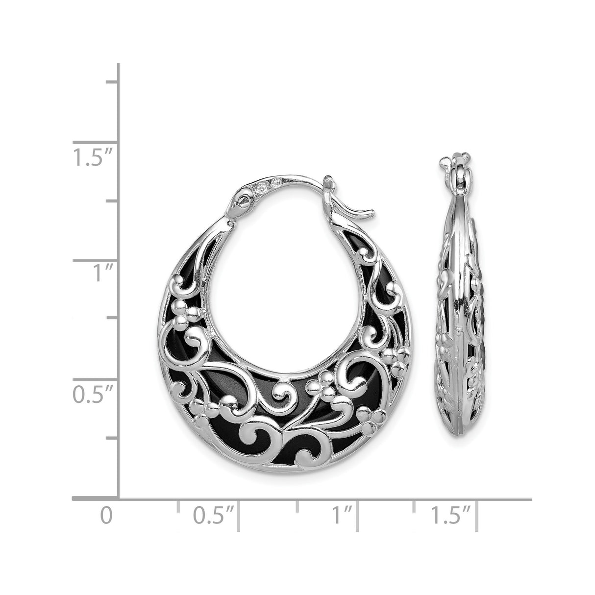 Sterling Silver Hoop Earrings with Onyx, Filigree Scroll Design, Black Enamel Floral Accents